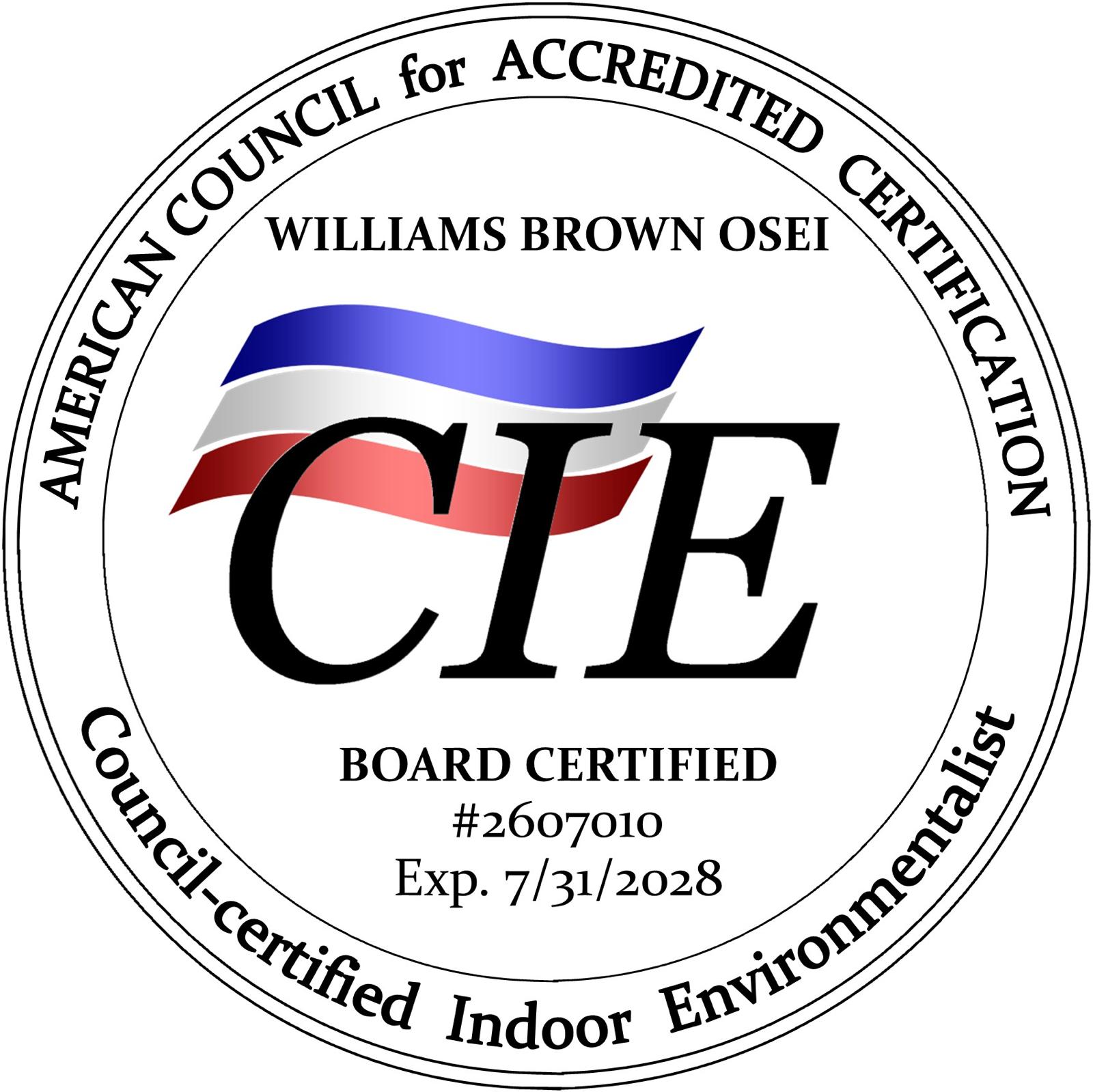 American Council for Accredited Certification — Council-certified Indoor Environmentalist seal, Williams Brown Osei, #2607010